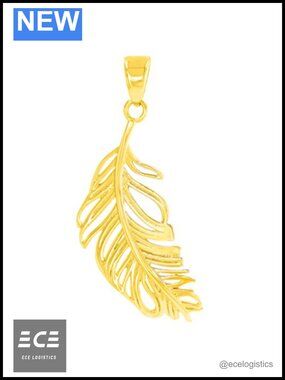 14K Yellow Gold Textured Feather Charm Pendant Necklace